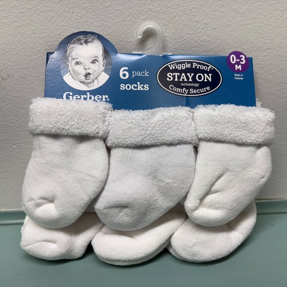 6 pairs Gerber Bay socks 0-3months stay on / wiggle proof white - Picture 1 of 3
